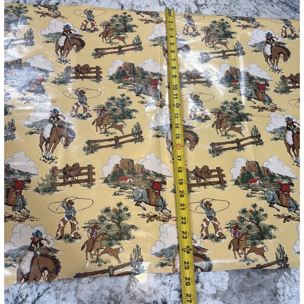 VTG Sheet of Cowboy Wrapping Paper 25 1/2x30 Horses‎ Cow Saddle Wild West Lasso